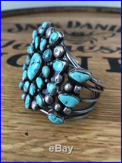 Old Pawn Vintage Navajo Petit Point Turquoise Heavy Rare Sterling Bracelet