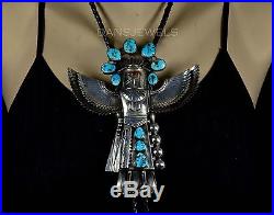 Old Pawn Vintage Navajo TURQUOISE 3D KACHINA HUGE Sterling Silver BOLO TIE