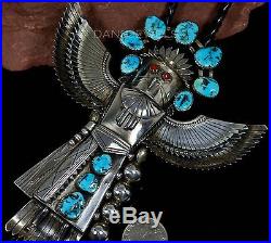 Old Pawn Vintage Navajo TURQUOISE 3D KACHINA HUGE Sterling Silver BOLO TIE