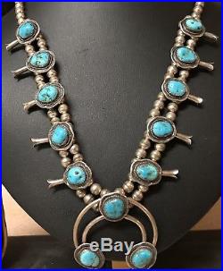 Old Pawn Vtg Navajo Sterling Squash Blossom Blue Turquoise Bench Bead Necklace
