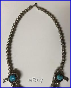 Old Pawn Vtg Navajo Sterling Squash Blossom Blue Turquoise Bench Bead Necklace