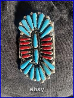 Old Pawn vintage Native American Handmade Cluster Turquoise Coral Inlay Zuni Old Pawn vintage Native American Handmade Cluster Turquoise Coral Inlay Zuni