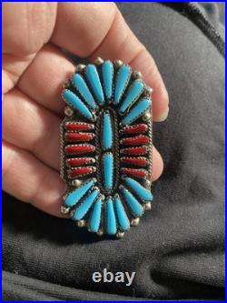 Old Pawn vintage Native American Handmade Cluster Turquoise Coral Inlay Zuni Old Pawn vintage Native American Handmade Cluster Turquoise Coral Inlay Zuni