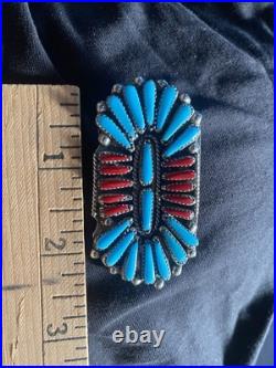 Old Pawn vintage Native American Handmade Cluster Turquoise Coral Inlay Zuni Old Pawn vintage Native American Handmade Cluster Turquoise Coral Inlay Zuni