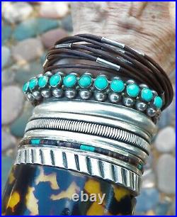 Old Vintage Heavy Native American Silver Stamped Turquoise Row Cuff Bracelet