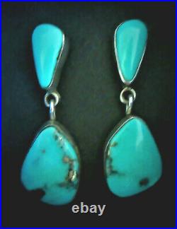 Old Vintage NAVAJO Gem Quality Mined Blue Turquoise 925 Sterling Silver Earrings