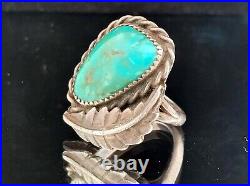 Old Vintage Native American, Navajo Turquoise & Leaf Sterling Ring Size 5