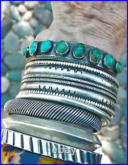 Old Vintage Native American Silver Green Turquoise Row Cuff Bracelet Small Wrist