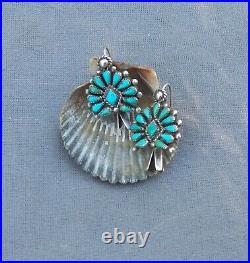Old Vintage Native American Sterling Silver Turquoise Cluster Squash Earrings