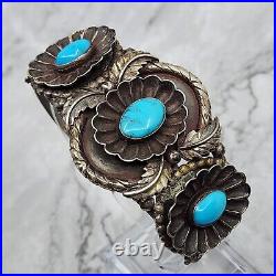 Old Vintage Native American Sterling Silver Turquoise Ornate Heavy Bracelet 6.5