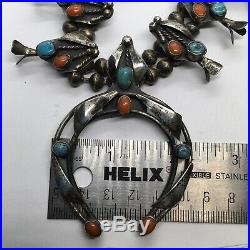 Old Vintage Native American Turquoise & Coral Petite Squash Blossom Necklace