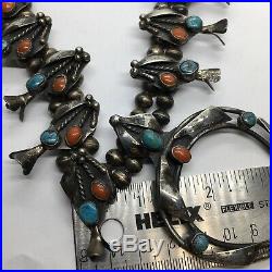 Old Vintage Native American Turquoise & Coral Petite Squash Blossom Necklace
