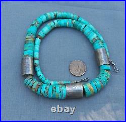 Old Vintage Santo Domingo Rolled Turquoise Heishi Necklace Silver Barrel Beads