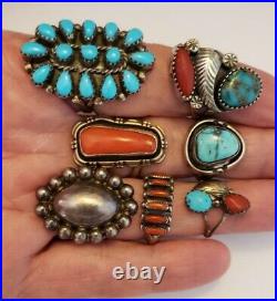 Older Vintage Native American Sterling Silver Turquoise and Coral Ring Lot