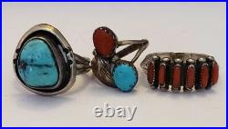 Older Vintage Native American Sterling Silver Turquoise and Coral Ring Lot