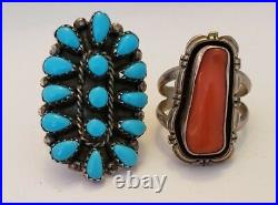 Older Vintage Native American Sterling Silver Turquoise and Coral Ring Lot