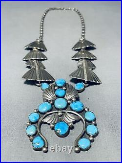 One Most Unique Vintage Navajo Turquoise Sterling Silver Squash Blossom Necklace