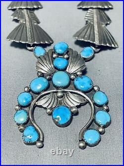 One Most Unique Vintage Navajo Turquoise Sterling Silver Squash Blossom Necklace