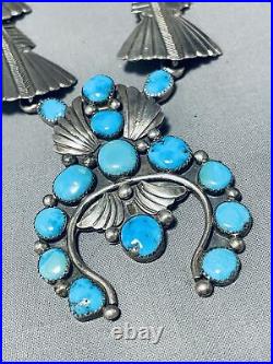 One Most Unique Vintage Navajo Turquoise Sterling Silver Squash Blossom Necklace