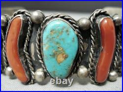 Opulent Vintage Navajo Royston Turquoise Coral Sterling Silver Bracelet