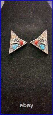 Pair of Vintage Western Navajo Turquoise & Coral Sterling Silver Collar Corners