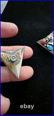 Pair of Vintage Western Navajo Turquoise & Coral Sterling Silver Collar Corners