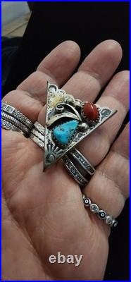Pair of Vintage Western Navajo Turquoise & Coral Sterling Silver Collar Corners