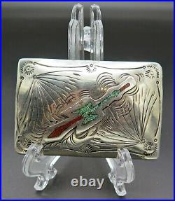 Peyote Bird Turquoise Coral Sterling Silver Native American Vintage Belt Buckle