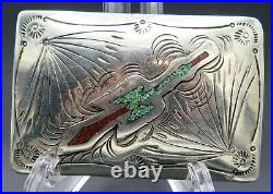 Peyote Bird Turquoise Coral Sterling Silver Native American Vintage Belt Buckle