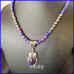 Purple Stone Pendant Navajo Sterling Silver Beads Necklace 18390