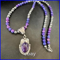 Purple Stone Pendant Navajo Sterling Silver Beads Necklace 18390