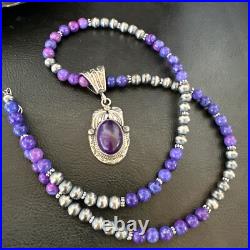 Purple Stone Pendant Navajo Sterling Silver Beads Necklace 18390