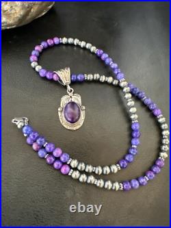 Purple Stone Pendant Navajo Sterling Silver Beads Necklace 18390
