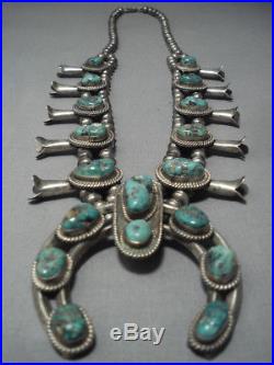 Quality! Vintage Navajo Green Turquoise Sterling Silver Squash Blossom Necklace
