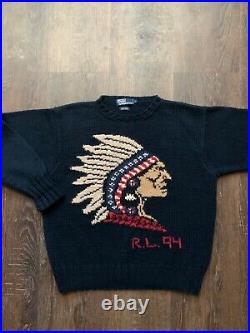 RARE Polo Ralph Lauren Hand Knit Sweater Native Indian Head Size L 94 Vintage