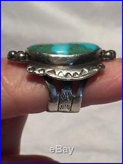 RARE Vintage Arizona Kingman Turquoise Shield Ring Navajo Sterling Silver Large