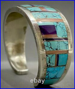 RARE Vintage Navajo Sterling Silver Turquoise Multi Stone Inlay Cuff Bracelet