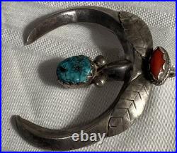 Rare Sand-cast Navajo Vintage Sterling Silver Turquoise Coral Naja Pendant 55 gm