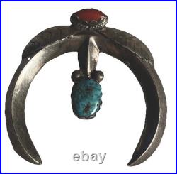 Rare Sand-cast Navajo Vintage Sterling Silver Turquoise Coral Naja Pendant 55 gm