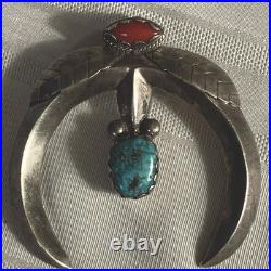 Rare Sand-cast Navajo Vintage Sterling Silver Turquoise Coral Naja Pendant 55 gm