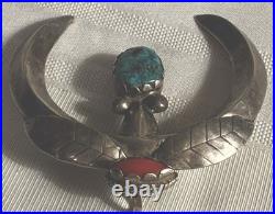 Rare Sand-cast Navajo Vintage Sterling Silver Turquoise Coral Naja Pendant 55 gm