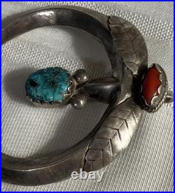 Rare Sand-cast Navajo Vintage Sterling Silver Turquoise Coral Naja Pendant 55 gm