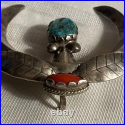 Rare Sand-cast Navajo Vintage Sterling Silver Turquoise Coral Naja Pendant 55 gm