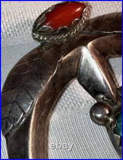 Rare Sand-cast Navajo Vintage Sterling Silver Turquoise Coral Naja Pendant 55 gm