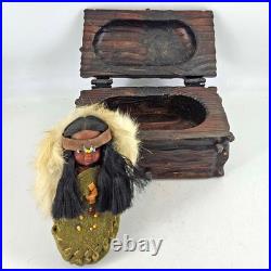 Rare Vintage Native American hand made doll in bunt in wood wooden treasure box