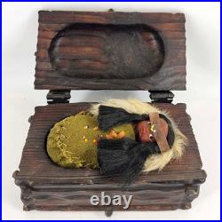 Rare Vintage Native American hand made doll in bunt in wood wooden treasure box