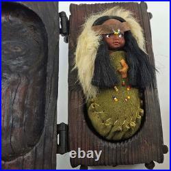 Rare Vintage Native American hand made doll in bunt in wood wooden treasure box