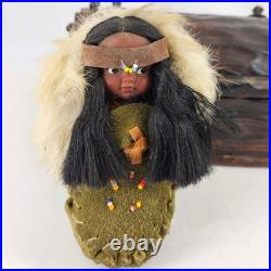 Rare Vintage Native American hand made doll in bunt in wood wooden treasure box