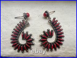 Rare Vintage Native American petite point coral sterling silver swirl earrings