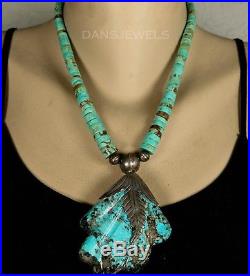 SANTO DOMINGO Vintage Navajo Carved Rolled TURQUOISE Sterling Clasp Necklace